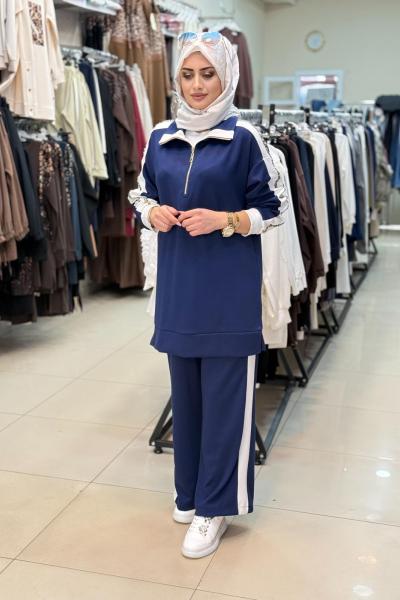 9827 RENKLİ TAŞ DETAYLI TAKIM Lacivert