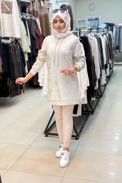 Kapitone Detaylı SweatShirt Bej