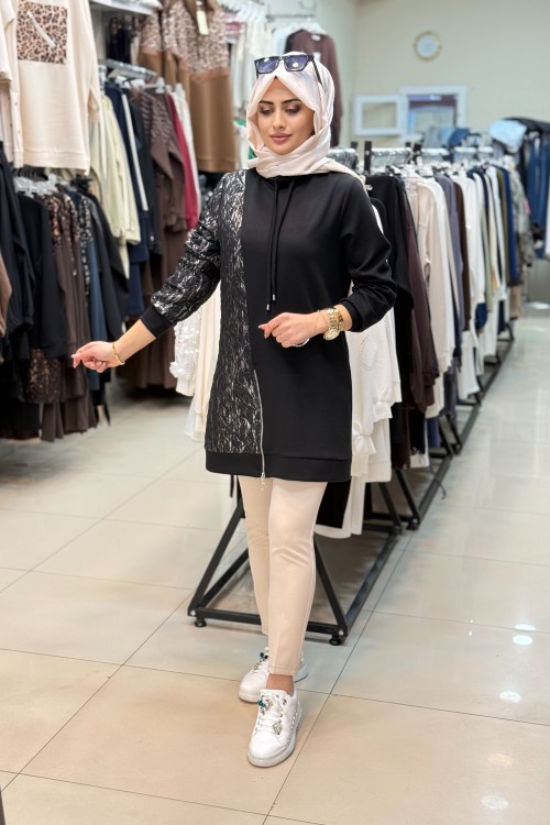 Kapitone Detaylı SweatShirt Siyah