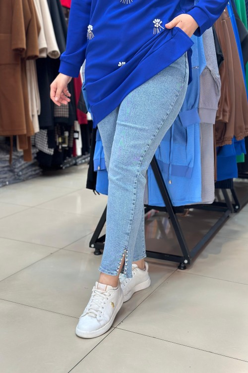 Paçası Taşlı Pantalon Buz Mavi BUZ MAVİ
