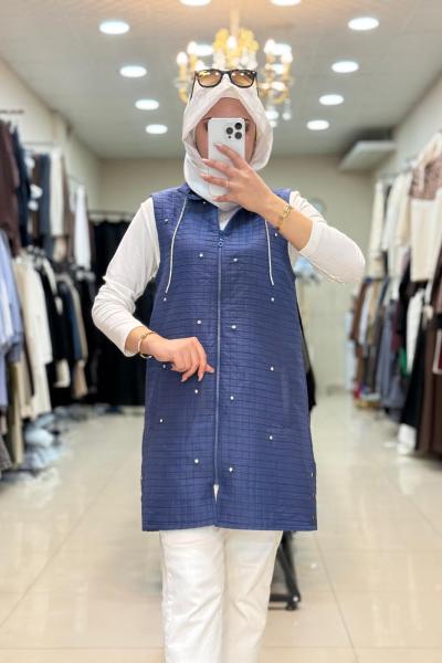TAŞLI KAPİTONE YELEK Mavi